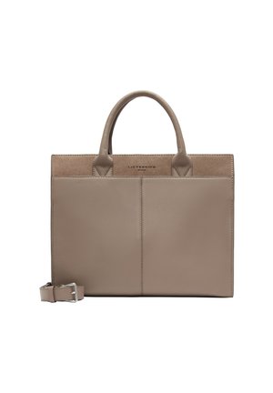 Beige Lederhandtasche mit zwei oberen Griffen, glatter Textur und einem kontrastierenden Wildlederpaneel. Enthält einen abnehmbaren Riemen und das Markenlogo.