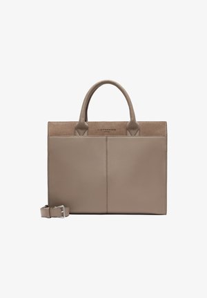 Beige Lederhandtasche mit zwei oberen Griffen, glatter Textur und einem kontrastierenden Wildlederpaneel. Enthält einen abnehmbaren Riemen und das Markenlogo.