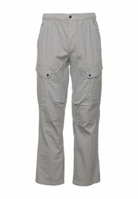 Pantaloni cargo grigi con una vestibilità rilassata, dotati di due tasche laterali, vita elasticizzata e chiusure a bottone per praticità. Tessuto liscio.