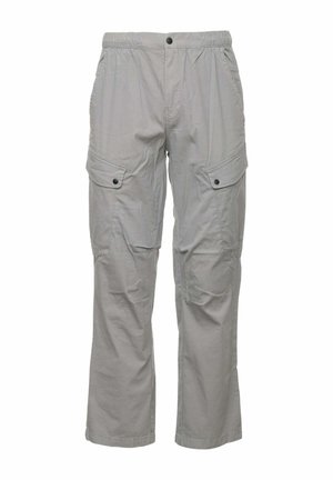 Pantalons cargo gris avec une coupe décontractée, dotés de deux poches latérales, d'une taille élastique et de fermetures à bouton pour plus de praticité. Texture lisse.