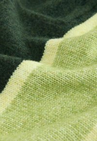 Gestrickte Decke mit abwechselnden Streifen in Dunkelgrün und verschiedenen Hellgrüntönen. Weiche Textur, Wollmaterial und dezentes Muster.