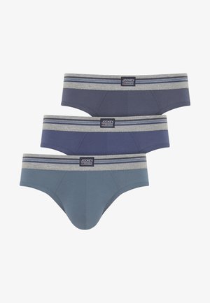 Boxers pour hommes en trois teintes : marine foncé, marine moyen et sarcelle. Chacun dispose d'une ceinture rayée grise avec une étiquette de logo. Tissu doux en mélange de coton.