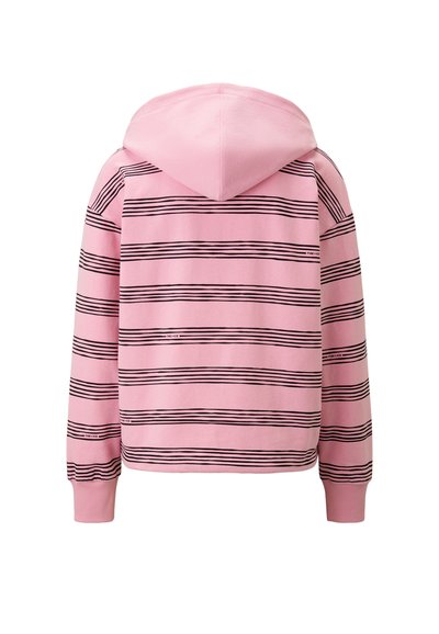 Gestreifter Hoodie mit einem sanften rosa Grundton und schwarzen horizontalen Streifen. Verfügt über eine Kapuze und gerippte Bündchen. Der Stoff wirkt glatt und hat eine lässige Passform.