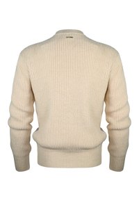 Cream-colored knitted sweater with long sleeves shown from the back, featuring ribbed cuffs and waistband.