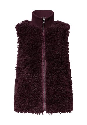 Burgundy sleeveless vest in soft, textured fabric with a high collar and full zipper. Features a fluffy exterior and smooth interior lining.