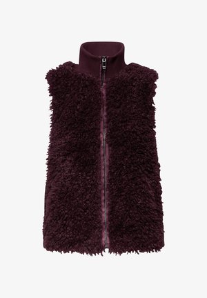 Burgundy sleeveless vest in soft, textured fabric with a high collar and full zipper. Features a fluffy exterior and smooth interior lining.