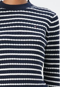 Marineblauw en witte gestreepte gebreide trui met een geribbeld textuur, aansluitend ontwerp en een ronde hals. Bevat een klein logo op de borst.