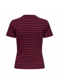 T-shirt med korte ærmer lavet af ribbet stof, med marineblå og røde vandrette striber, en klassisk rund halsudskæring og en tætsiddende silhuet.