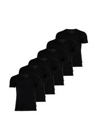 Kuusi lyhythihaista mustaa t-paitaa, joissa on V-kaula-aukko, valmistettu pehmeästä puuvillasekoitteesta, jossa on sileä rakenne.