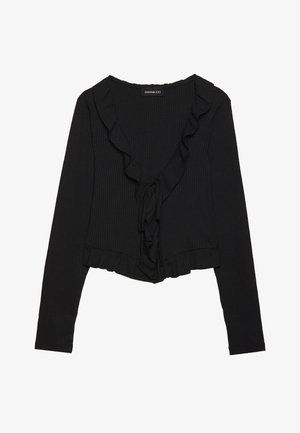 Must mustriba mustriga varrukatega pehme pinda ja figuuri rõhutava siluettiga must T-särk, millel on volangiga V-kaelus, esipoolsed nööride detailid ja lühike hem. Pehme tekstuur.