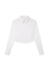 Camicia bianca corta con bottoni, caratterizzata da un colletto classico, maniche lunghe e una texture liscia, con chiusura a bottoni sul davanti.