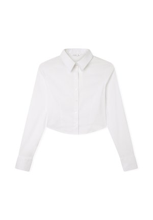 Camicia bianca corta con bottoni, caratterizzata da un colletto classico, maniche lunghe e una texture liscia, con chiusura a bottoni sul davanti.