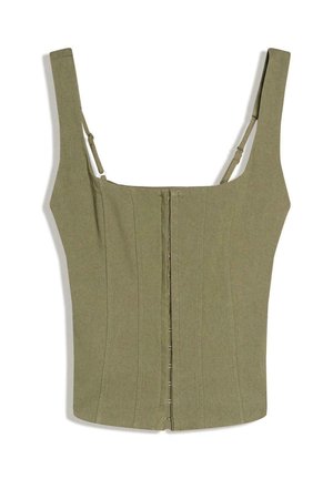 Gornji dio korzeta maslinasto zelene boje s širokim naramenicama, okomitim šavovima i zatvaranjem sprijeda na kukice i očice. Tkanina izgleda teksturirano i strukturirano.