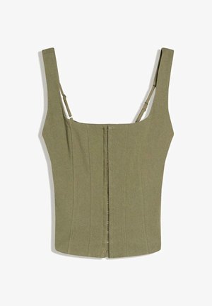 Gornji dio korzeta maslinasto zelene boje s širokim naramenicama, okomitim šavovima i zatvaranjem sprijeda na kukice i očice. Tkanina izgleda teksturirano i strukturirano.