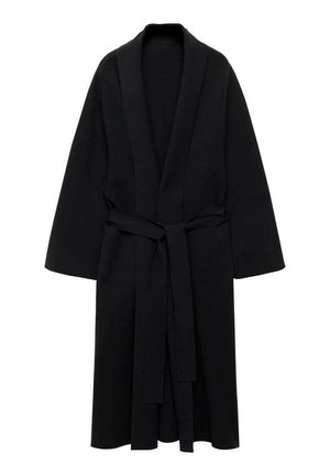Rooibato nero realizzato in tessuto morbido, con colletto a scialle, maniche lunghe e una cintura coordinata in vita. Design ampio, di lunghezza media.