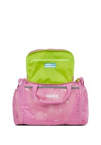 Borsa a sacca rosa con motivo a stelle, tasca interna verde con zip, dettagli grigi, tessuto resistente, due maniglie per il trasporto.