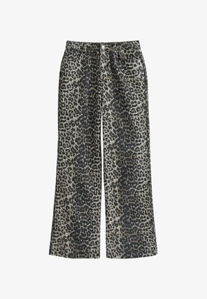 Pantalons larges en imprimé léopard en tissu doux, dotés d'une taille haute, de cinq poches et d'une fermeture à bouton en métal.
