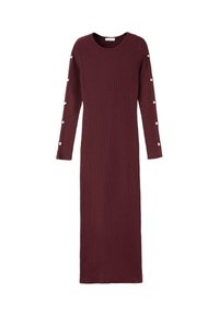 Rochie lungă, de culoare vișinie, cu mânici lungi și decolteu rotund. Prezintă butoane decorative pe mâneci pentru un detaliu suplimentar.