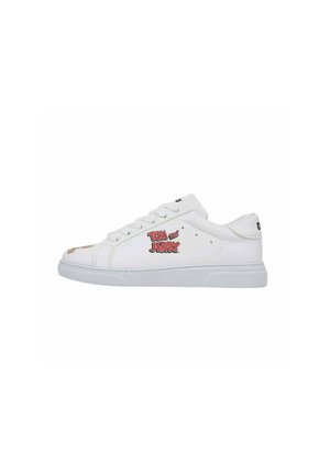 White sneakers feature a smooth leather upper, round toe, and rubber sole. Decorated with "Tom and Jerry" logo in red. Lace-up design.
