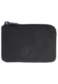 Billetera negra de nylon con cremallera y logo en relieve. Forma rectangular con una textura suave y sin hardware o acentos visibles.