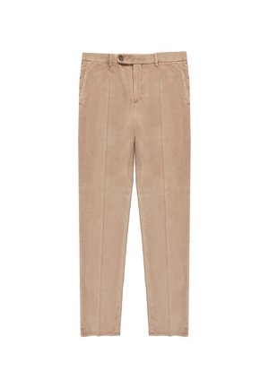 Beige corduroy broek met een rechte snit, twee voorzakken, een knoopsluiting en een verticale ribbeltextuur over het hele oppervlak.