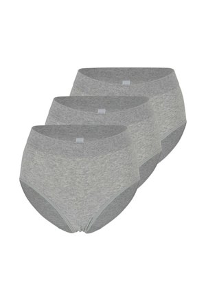 Drei graue Damen-Slips mit hohem Bund übereinander gestapelt, aus weichem Baumwollstoff mit elastischen Bündchen und ohne sichtbare Muster oder Logos.