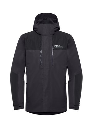Giacca nera impermeabile con colletto alto e cappuccio regolabile. Presenta tasche con zip e un pannello nero a contrasto sulle spalle.