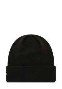 Schwarze Strickmütze mit umgeschlagenem Bund, die eine gerippte Textur aufweist und ein kleines Logo an der Seite hat. Einfache, enganliegende Form.
