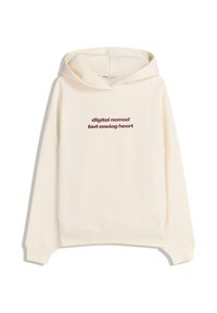 Kremowy hoodie z kieszenią kangurką. Zawiera czerwony napis: "cyfrowy nomada, ale analogowe serce". Miękka tkanina, luźny krój i kaptur ze sznurkiem.