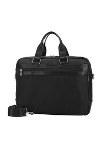 Sort laptop taske med dobbelthåndtag og aftagelig skulderrem. Har en lynlåsfrontlomme og en struktureret stofoverflade.