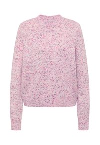 Dzianinowy sweter w jasnoróżowym kolorze z nakrapianymi wzorami w ciemnoróżowym i fioletowym. Posiada okrągły dekolt oraz ściągacze przy rękawach i na dole.
