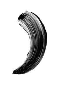 Trace de peinture noire, courbée et texturée, avec des coups de pinceau marqués, sur un fond blanc. Met en avant une finition brillante.