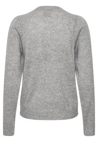 Pull en maille gris clair à manches longues avec épaules légèrement bouffantes et poignets et ourlet côtelés, vu de dos.