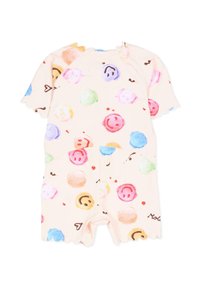 Combinaison à manches courtes en tissu doux, avec un fond pêche clair orné de motifs de cônes de glace colorés et de visages souriants.