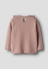 Roza pleten pulover z dolgimi rokavi, z zapiranjem na gumb na hrbtni strani in majhnim izrezom v obliki ključavnice. Robovi so zaključeni z resicami.