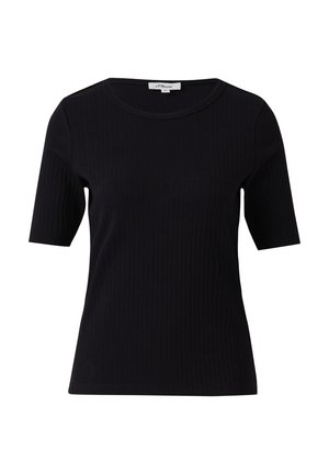 Zwarte geribde t-shirt met een ronde hals en korte mouwen. Gemaakt van zacht stof, heeft het een getailleerde vorm en een minimalistisch ontwerp.