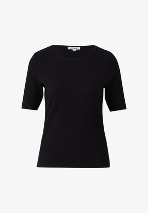Schwarzes, geripptes T-Shirt mit Rundhalsausschnitt und kurzen Ärmeln. Aus weichem Stoff gefertigt, hat es eine taillierte Passform und ein minimalistisches Design.