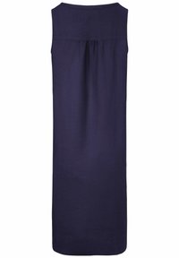 Marineblaues Leinenkleid ohne Ärmel mit runder Halslinie, das auf der Rückseite eine geraffte Detail und eine gerade, knielange Silhouette aufweist.