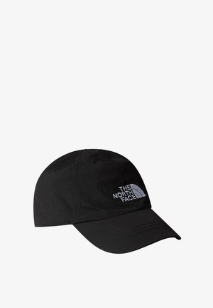 Cappellino da baseball nero in tessuto, con visiera curva, cinturino regolabile e logo ricamato sulla parte anteriore.