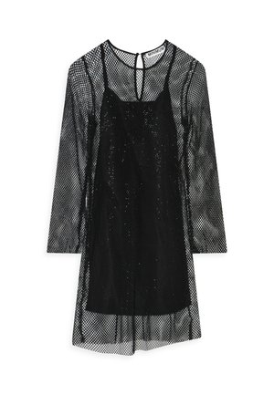 Črna mrežasta obleka z dolgimi rokavi, krožnim izrezom, prilegnjenim spodnjim delom in sijočo teksturo ter odprtino na hrbtni strani.