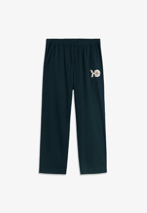 Pantaloni dritti in blu navy scuro con vita elasticizzata e coulisse, caratterizzati da un motivo a rete bianca sulla parte superiore della coscia sinistra.