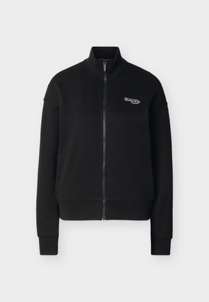 Veste noire zippée avec col montant, manches longues, poignets et ourlet côtelés, et petit logo "Levi's" blanc et vert sur la poitrine gauche.