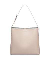 Beige Leder Tragetasche mit einem einzelnen Schultergurt, glatter Textur, offenem Oberteil und einem kontrastierenden hellen Innenraum.