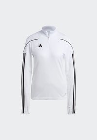 Weißes Sportoberteil mit Viertelreißverschluss und langen Ärmeln, mit schwarzen Streifenakzenten und einem Adidas-Logo auf der Brust. Glattes, leichtes Material.
