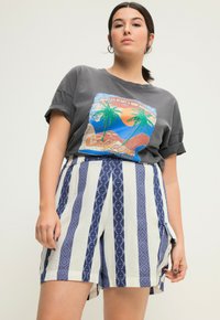 Šedé grafické tričko s designem palmy na modro-bílých pruhovaných šortkách s geometrickými vzory a kapsami, vyrobené z lehkého materiálu.