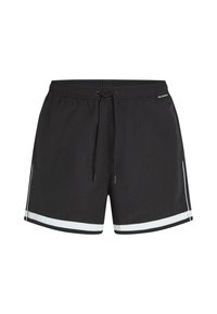 Fekete úszóshort, rugalmas derékkal, zsinórral és kontrasztos fehér oldalsávokkal. Könnyű, sima anyag, minimális textúrával.