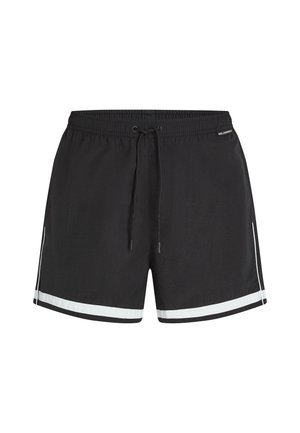 Pantaloni da bagno neri con vita elastica, cordoncino e strisce laterali bianche a contrasto. Tessuto leggero e liscio con minima texture.