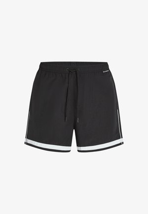 Shorts de bain noir avec une taille élastique, cordon de serrage et bandes latérales blanches contrastées. Tissu léger, lisse et avec une texture minimale.