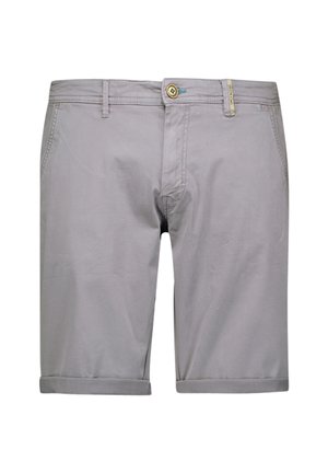 Shorts gris clair avec une coupe classique, fabriqués en coton. Présentent des ourlets roulés, des poches avant et une fermeture à bouton avec un détail de bouton contrastant.