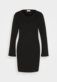 Svart långärmad klänning med rund halsringning, tillverkad av ett mjukt tyg, med en figursydd silhuett och en knälång nederkant.